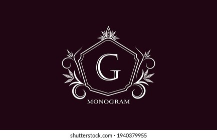 Exquisito logotipo con letra G elegante. Diseño de un monograma elegante, signo comercial, símbolo, heráldica