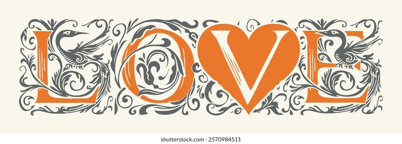 Exquisite Love lettering in fancy initial letters with heart sign in vintage style. Suitable for t-shirt design, valentine, wedding invitation. Vector lettering