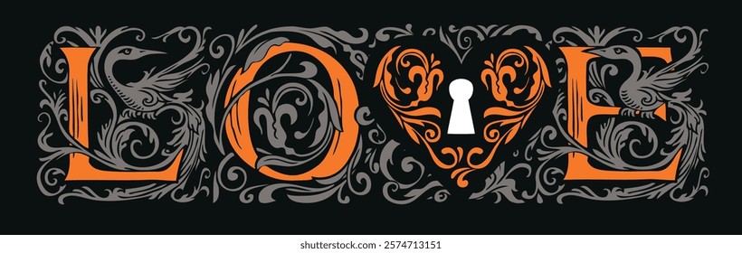 Exquisite Love lettering in fancy initials with old key and lock in vintage style. Suitable for t-shirt design, valentine, wedding invitation. Vector lettering on black background