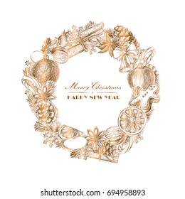 Exquisite and luxurious Christmas and New Year design elements. Realistic vintage golden engraving wreath of fir branches and pine cones, beads isolated on white background.