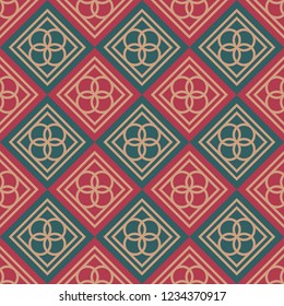 Exquisite, luxurious, rich medieval seamless pattern, ornament. Colorful mozaic, tile style, tracery. Gold, red and green rich colors.