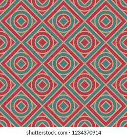 Exquisite, luxury medieval seamless pattern, ornament. Mozaic, tile, tracery. Gold, red, green circles and squares.
