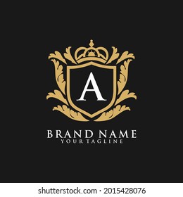 An exquisite luxury shield crest logo design featuring the initial "A" framed by an elegant shield adorned with intricate ornamental flourishes. Ideal for high-end brands, legal firms, boutique 
