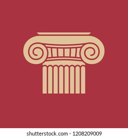 Exquisite, luxury style ancient column icon. Elegant gold color column part on opulent red background.