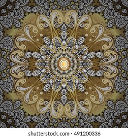 Exquisite mandala pattern design in yellow and white on golden round background. Decorative elements. Vector.