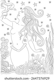 Página de Coloração de Sereia Requintada. Detalhada arte de linha de uma sereia graciosa segurando uma serpente em um mundo subaquático de fantasia, adornada com estrelas-do-mar, caracóis, peixe e plantas do mar fluindo.