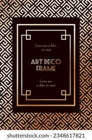 Exquisita ilustración minimalista geométrica de oro en arte deco. Marco abstracto griego o romano. Elegante fondo vectorial vintage. Para invitaciones, afiches, postales, banners.