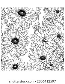 Exquisite Monochrome Floral Seamless Pattern Black and White Outline Illustration for Versatile Designs