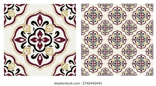 Exquisite Moorish Arabesque seamless pattern. Intricate floral geometric tiles inspired by Moroccan heritage. Perfect for luxury textiles, Mediterranean decor, and premium packaging.