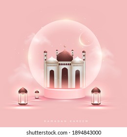 Exquisite Mosque With Crescent Moon Inside Glass Globe And Illuminated Lanterns On Pink Background For Ramadan Kareem.