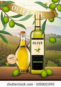 Exquisite olive oil product in 3d illustration on natural orchard in engraving style