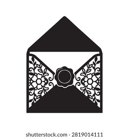 Exquisite open envelope design featuring intricate floral filigree patterns on side panels and a central wax seal motif ideal for high end wedding invitations bridal stationery luxury cards and special event announcements crafted for laser cutting and high quality decorative printing projects.