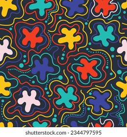 Exquisite organic blob shapes seamless surface pattern. Aesthetic whimsical hand drawn basic doodle liquid amorphous splodges, squiggles, and polka dots. Allover printed blotch texture background. 