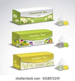 Exquisite organic herbal tea blends pyramid teabags box packages realistic set with chamomile lavender flavors vector illustration  