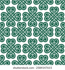 Exquisite ornament of green Celtic knots and four-leaf clovers