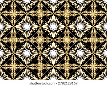 An exquisite ornamental tile pattern blending traditional damask symmetry with modern Art Deco flair. Featuring sharp white floral accents and detailed golden linework on dark contrast backgrounds, it is perfect for premium interior wallpapers, boutique gift wrapping, and fashion fabric prints.