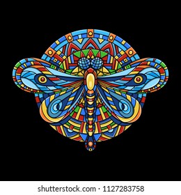 Exquisite ornate stylized dragonfly. Spiritual, esoteric, totem symbol of Africa, India, America. Ethnic tribal patterns with elements of Ar Nouveau and Boho. For tattoo, design for T-shirt, fabric