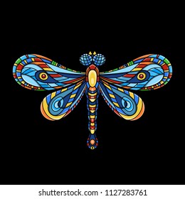 Exquisite ornate stylized dragonfly. Spiritual, esoteric, totem symbol of Africa, India, America. Ethnic tribal patterns with elements of Ar Nouveau and Boho. For tattoo, design for T-shirt, fabric