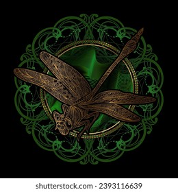 Exquisite ornate stylized dragonfly. Spiritual, esoteric, totem symbol of Africa, India, America. Ethnic tribal patterns with elements of Ar Nouveau and Boho. For tattoo, design for T-shirt, fabric
