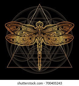 Exquisite ornate stylized dragonfly. Spiritual, esoteric, totem symbol of Africa, India, America. Ethnic tribal patterns with elements of Ar Nouveau and Boho. For tattoo, design for T-shirt, fabric