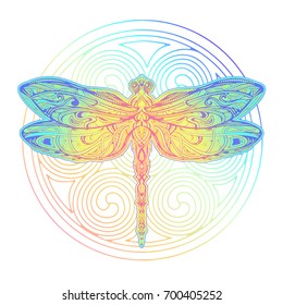 Exquisite ornate stylized dragonfly. Spiritual, esoteric, totem symbol of Africa, India, America. Ethnic tribal patterns with elements of Ar Nouveau and Boho. For tattoo, design for T-shirt, fabric