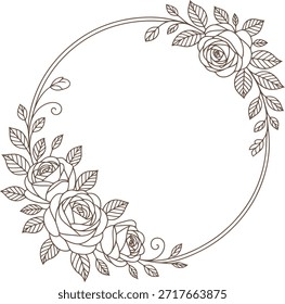 Un exquisito marco ovalado de doble línea decorado con rosas de contorno marrón detallado, brotes y subgrupos frondosos elegantemente sinuosos, perfecto para tarjetas o Anuncios.