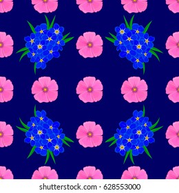 Exquisite pattern of cosmos flowers. Beautiful vector pattern for decoration and design. Vintage style trendy print. Watercolor seamless pattern with cosmos flowers on a blue background.
