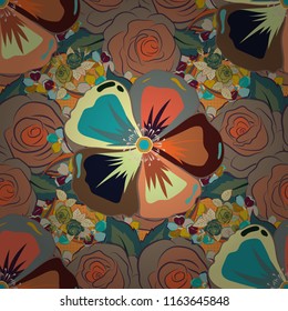 Exquisite pattern with cosmos flowers in vintage style. Trendy print with watercolor ditsy cosmos flowers in orange, pink and beige colors. Beautiful vector seamless pattern for decoration and design.