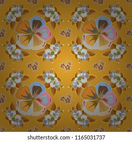 Exquisite pattern with cosmos flowers in vintage style. Watercolor seamless pattern with cosmos flowers. Beautiful pattern for decoration and design. Trendy print in yellow, orange and beige colors.