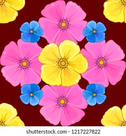 Exquisite pattern with cosmos flowers in vintage style. Trendy print with watercolor ditsy cosmos flowers in yellow, pink and red colors. Beautiful vector seamless pattern for decoration and design.