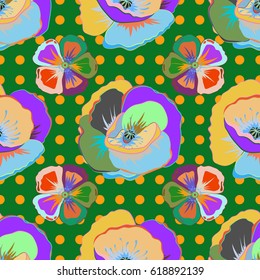 Exquisite pattern cosmos and poppy flowers. Watercolor seamless pattern with poppy and cosmos flowers on a green polka dot background. Beautiful vector pattern for decoration and design. Vintage style