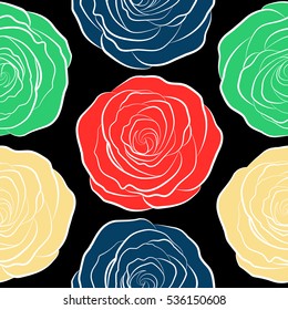 Exquisite pattern for design with abstract rose flowers. Seamless watercolor pattern with red, green and yellow roses. Vintage, retro. Trendy print. Beautiful pattern for decoration and design.