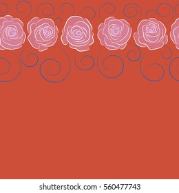 Exquisite pattern for design with rose flowers. Beautiful pattern with place for your text. Seamless watercolor pattern with horizontal blue, orange and pink roses. Trendy print. Vintage, retro.