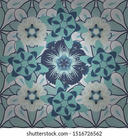 Exquisite pattern of flowers in vintage style. Trendy print. Beautiful vector pattern for decoration and design. Watercolor seamless pattern with ditsy flowers in blue, violet and beige colors.