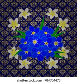 Exquisite pattern of forget-me-not flowers. Watercolor seamless pattern with forget-me-not flowers in blue, white and golden colors. Beautiful vector pattern for decoration. Vintage style trendy print