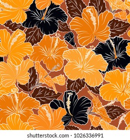 Exquisite pattern with hibiscus flowers in vintage style. Trendy print in yellow, black and orange colors. Beautiful pattern for decoration or design. Watercolor seamless pattern with hibiscus flowers