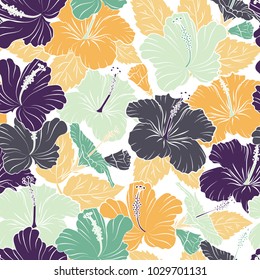 Exquisite pattern with hibiscus flowers in vintage style. Watercolor seamless pattern with hibiscus flowers. Trendy print in beige and white colors. Beautiful pattern for decoration or design.