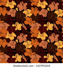 Exquisite pattern with hibiscus flowers in vintage style. Trendy print in black, orange and brown colors. Beautiful pattern for decoration or design. Watercolor seamless pattern with hibiscus flowers.