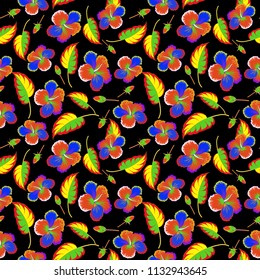 Exquisite pattern with hibiscus flowers in vintage style. Trendy print with ditsy hibiscus flowers in yellow, black and orange colors. Beautiful vector seamless pattern for decoration and design.