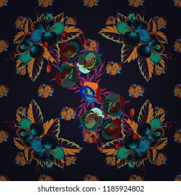 Exquisite pattern with hibiscus flowers in vintage style. Trendy print in orange, gray and blue colors. Watercolor seamless pattern with hibiscus flowers. Beautiful pattern for decoration and design.