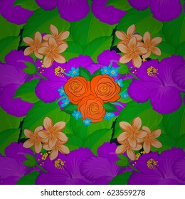 Exquisite pattern with hibiscus flowers in vintage style. Trendy print with watercolor ditsy hibiscus flowers on a blue background. Beautiful vector seamless pattern for decoration and design.