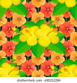 Exquisite pattern of hibiscus flowers. Vintage style trendy print. Watercolor seamless pattern with hibiscus flowers on a green background. Beautiful vector pattern for decoration and design.