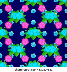 Exquisite pattern with hibiscus flowers in vintage style. Trendy print with watercolor ditsy hibiscus flowers on a blue background. Beautiful vector seamless pattern for decoration and design.
