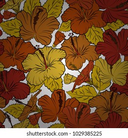 Exquisite pattern of hibiscus flowers. Watercolor seamless pattern with hibiscus flowers in orange, yellow and red colors. Beautiful vector pattern for decoration or design. Vintage style trendy print