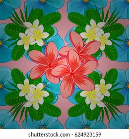 Exquisite pattern of plumeria flowers. Beautiful vector pattern for decoration and design. Vintage style trendy print. Watercolor seamless pattern with plumeria flowers on a pink background.