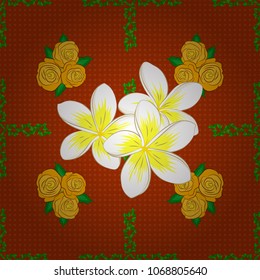 Exquisite pattern with plumeria flowers in vintage style. Trendy print with watercolor plumeria flowers in yellow, white and orange colors. Beautiful vector seamless pattern for decoration and design.