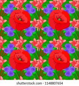 Exquisite pattern of poppy flowers. Vintage style trendy print. Beautiful vector pattern for decoration and design. Watercolor seamless pattern with poppy flowers in red, violet and green colors.