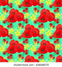 Exquisite pattern of poppy flowers. Vintage style trendy print. Watercolor seamless pattern with poppy flowers on a green background. Beautiful vector pattern for decoration and design.