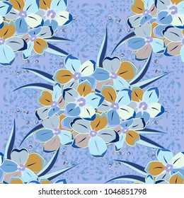Exquisite pattern with primula flowers in vintage style. Trendy print with watercolor ditsy primula flowers in yellow and blue colors. Beautiful vector seamless pattern for decoration and design.
