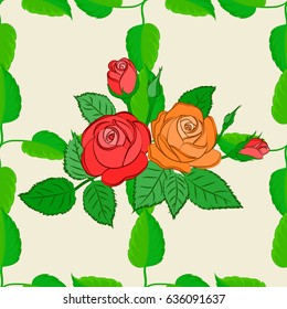 Exquisite pattern with rose flowers and leaves in vintage style. Trendy print on a beige background. Beautiful pattern for decoration and design. Watercolor seamless pattern with rose and green leaves